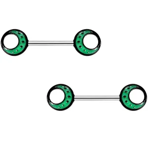 14 Gauge 9/16 Glow in the Dark Green Moon Barbell Nipple Ring Set