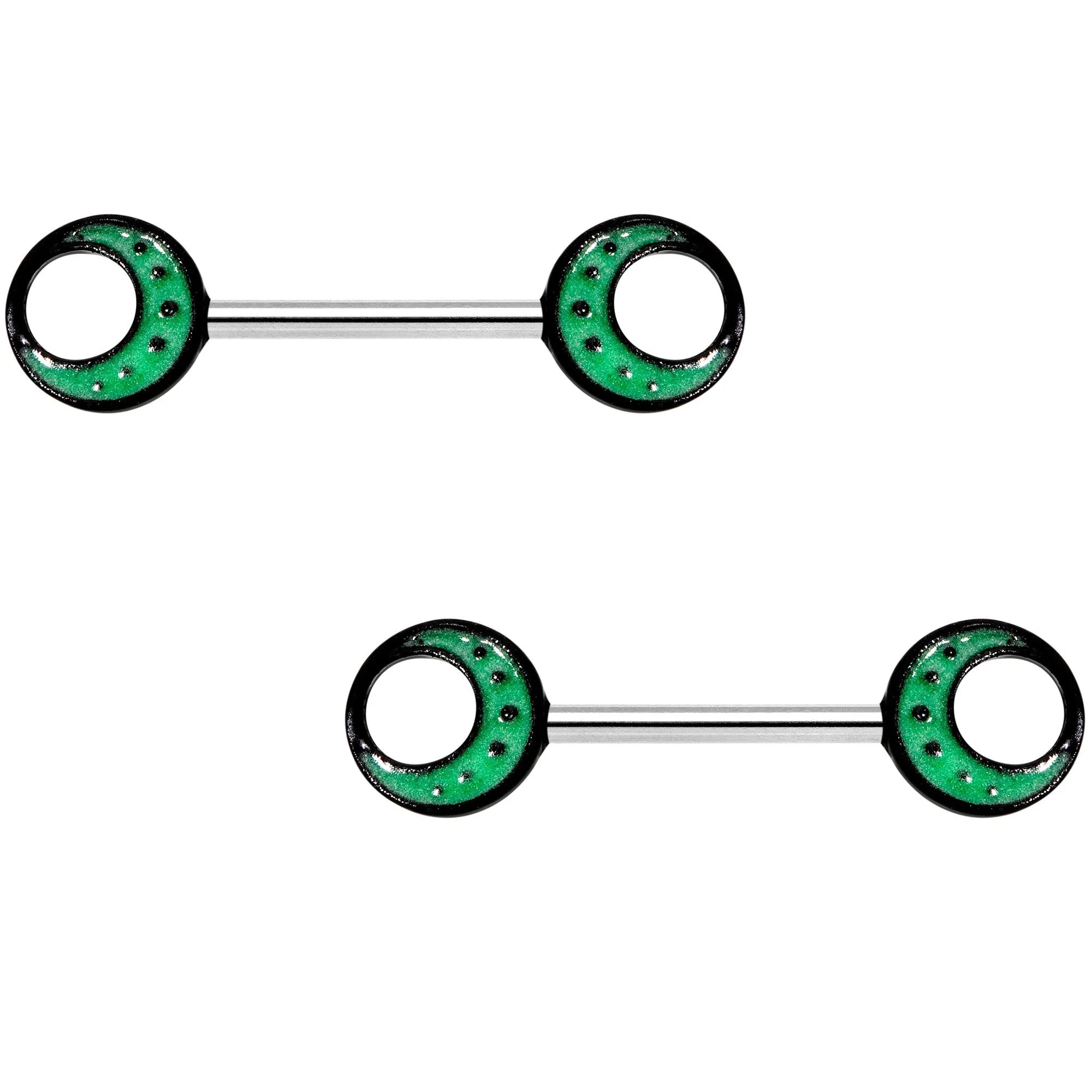 14 Gauge 9/16 Glow in the Dark Green Moon Barbell Nipple Ring Set