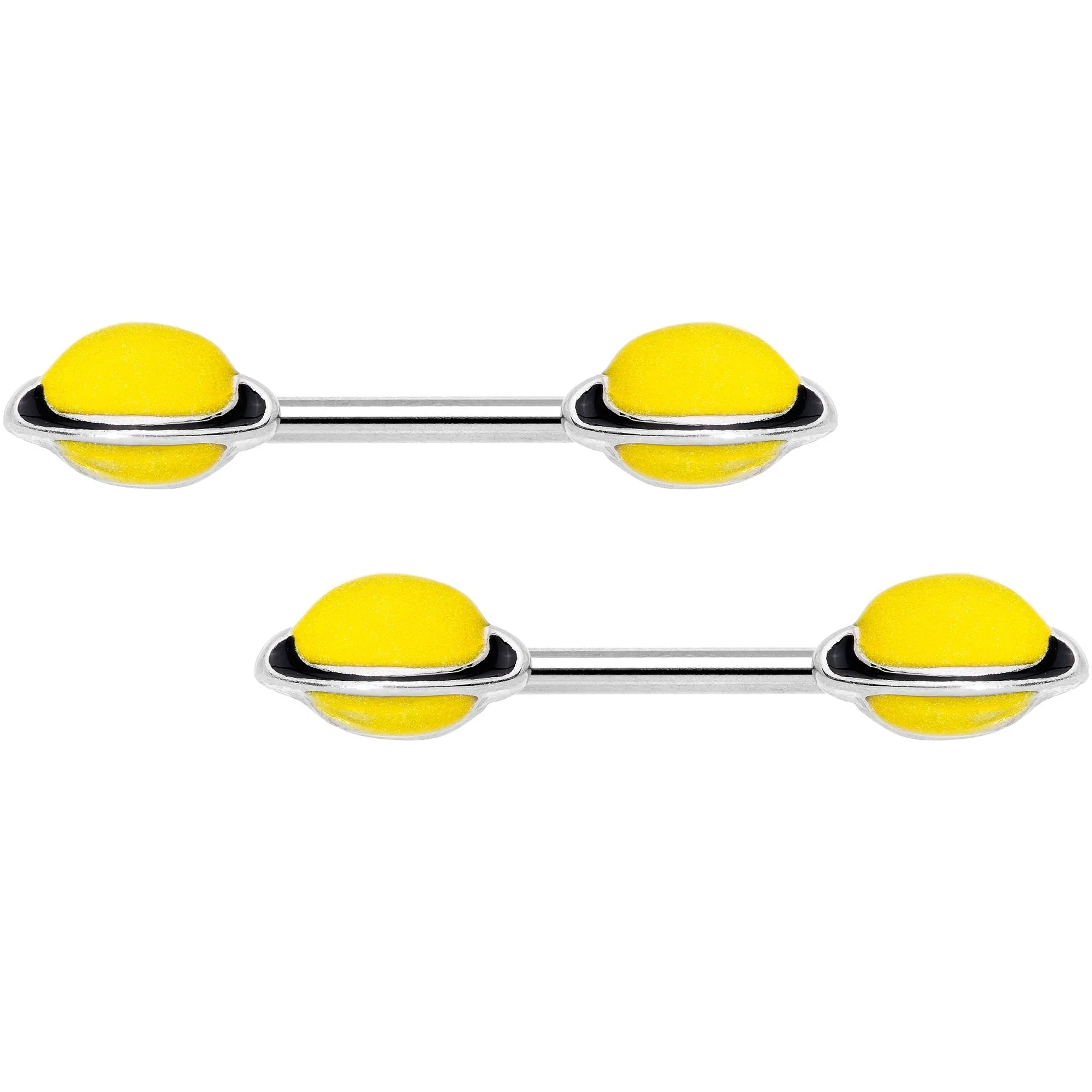 14 Gauge 9/16 Yellow Glow in the Dark Saturn Barbell Nipple Ring Set
