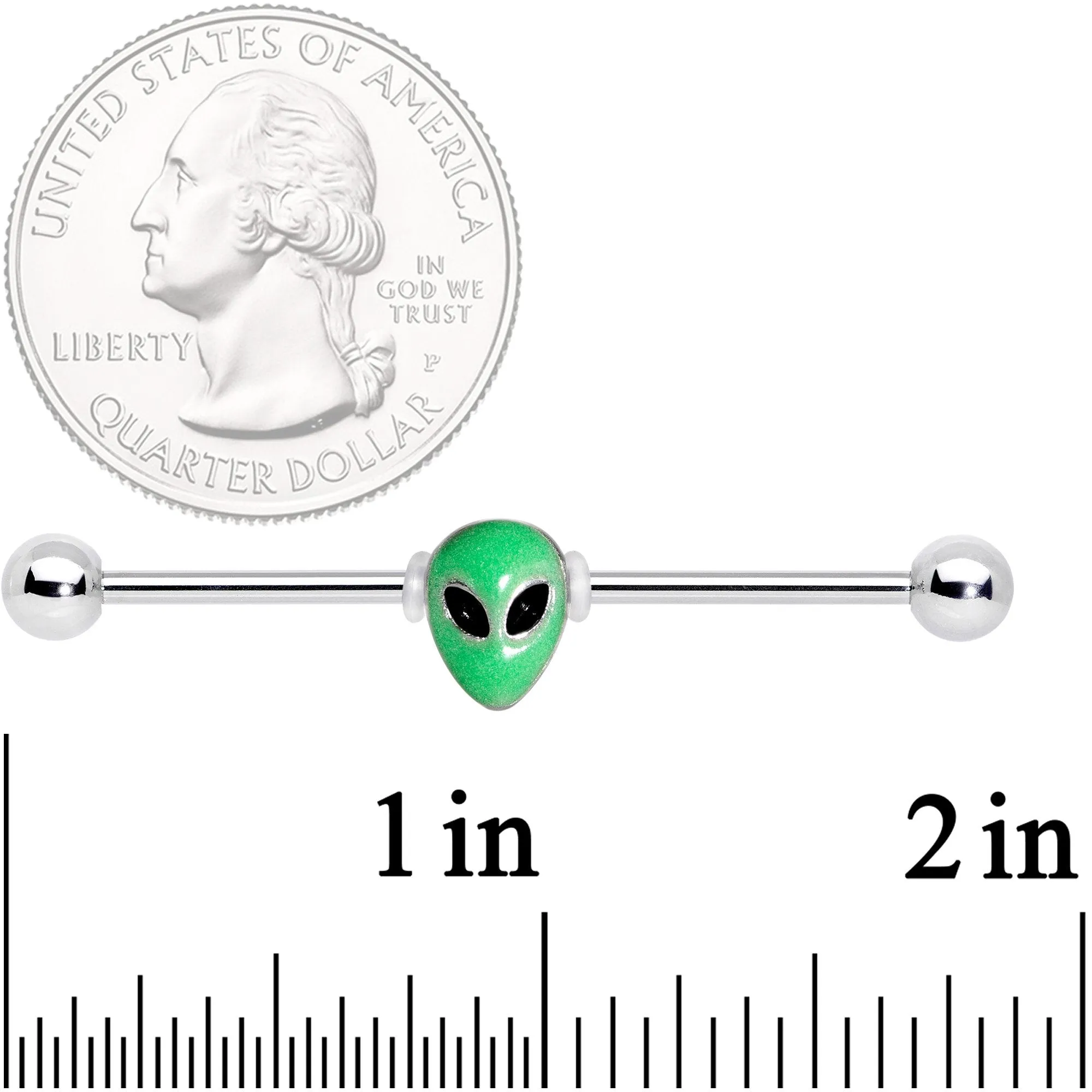 14 Gauge Green Glow in the Dark Space Alien Industrial Barbell 38mm