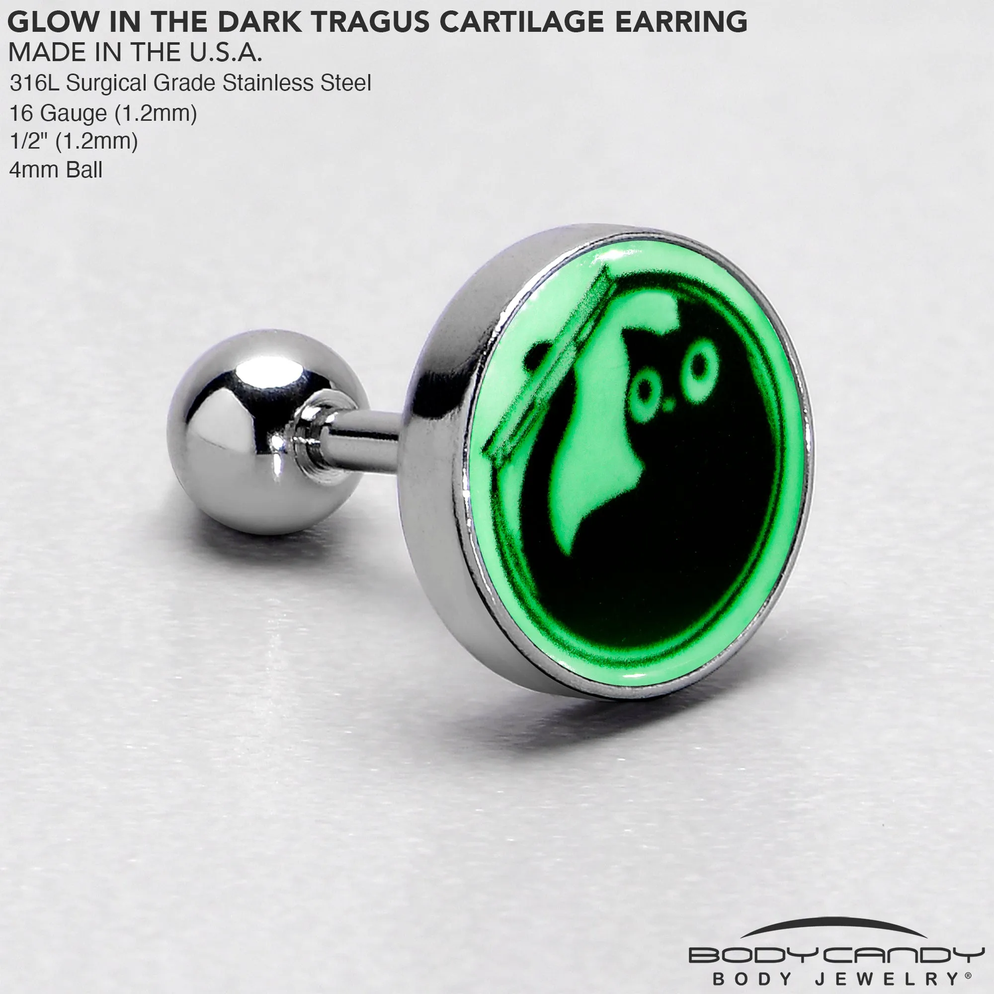 16 Gauge Glow in the Dark Fishbowl Kitty Cat Tragus Cartilage Earring