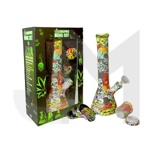 420 Graphic Glass Bong Set 14"  50mm 4Part Grinder   Stash Jar- OSH114 - GS1194