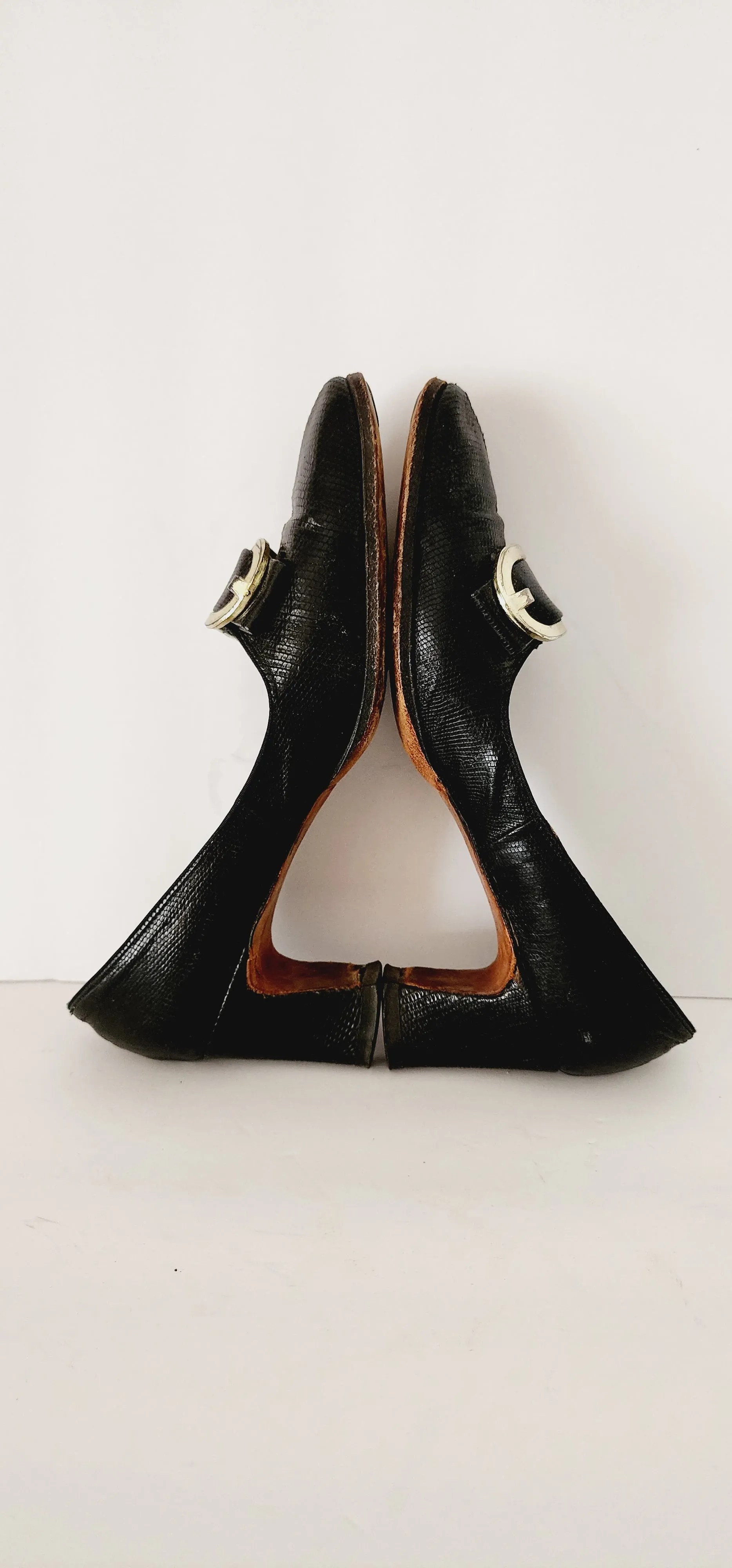 60s Black Pumps Mod Chunky Heel Silver Buckle Size 7