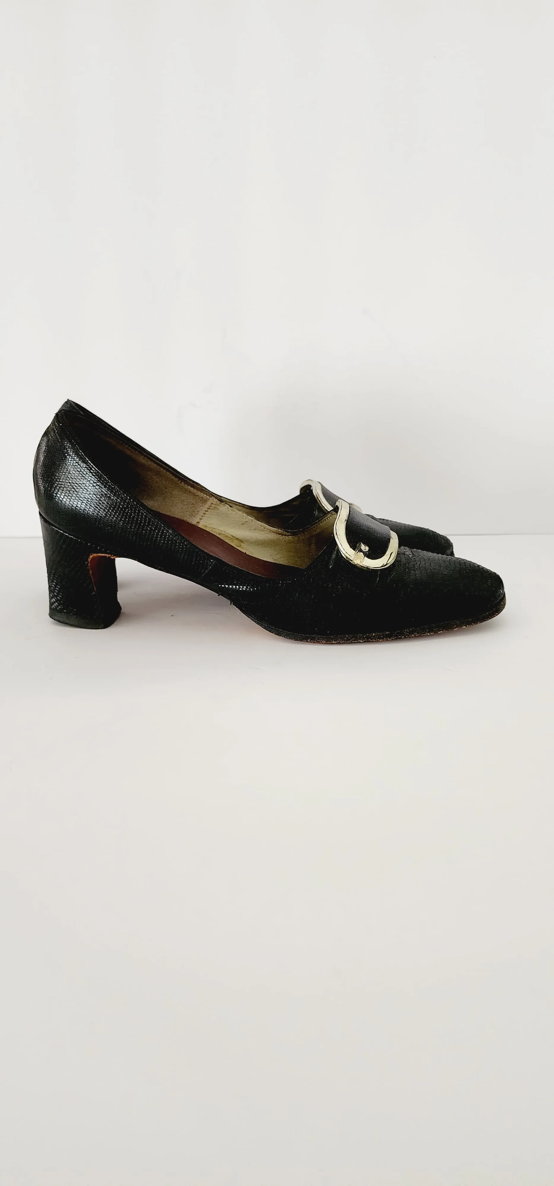 60s Black Pumps Mod Chunky Heel Silver Buckle Size 7