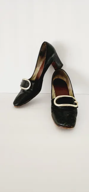 60s Black Pumps Mod Chunky Heel Silver Buckle Size 7