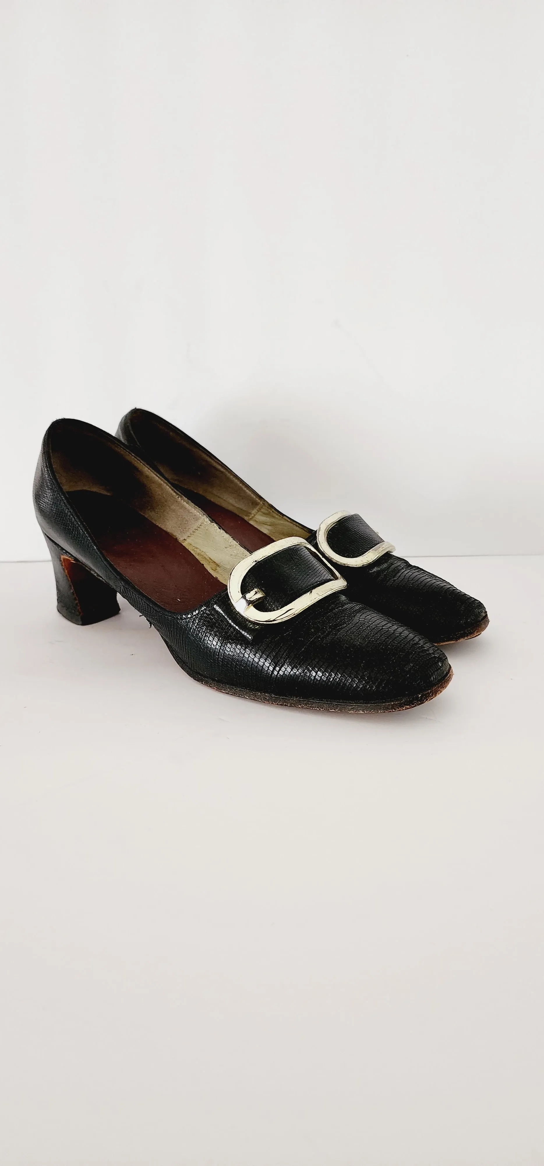 60s Black Pumps Mod Chunky Heel Silver Buckle Size 7
