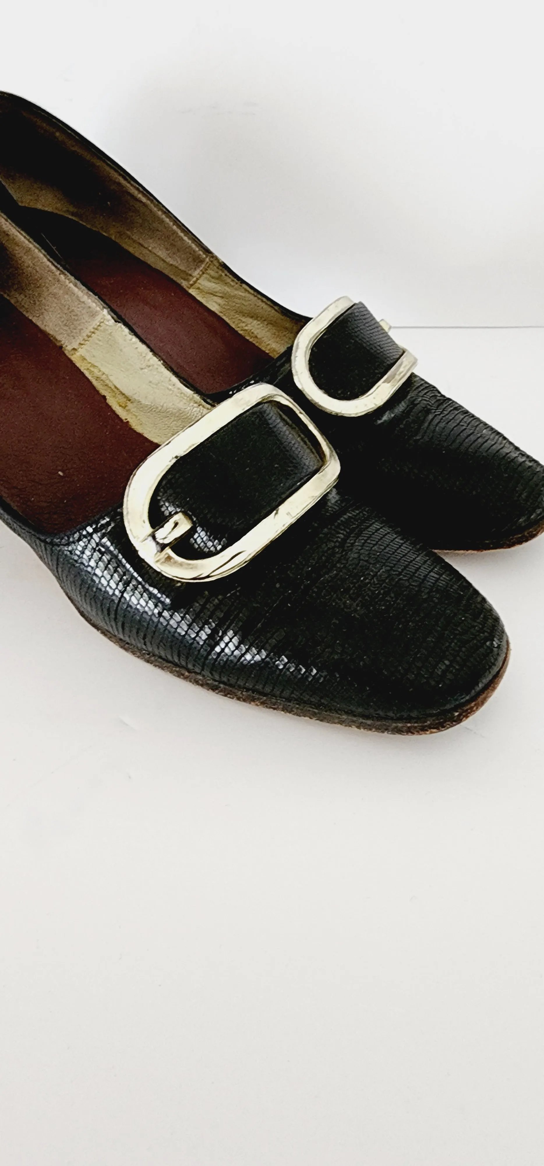 60s Black Pumps Mod Chunky Heel Silver Buckle Size 7