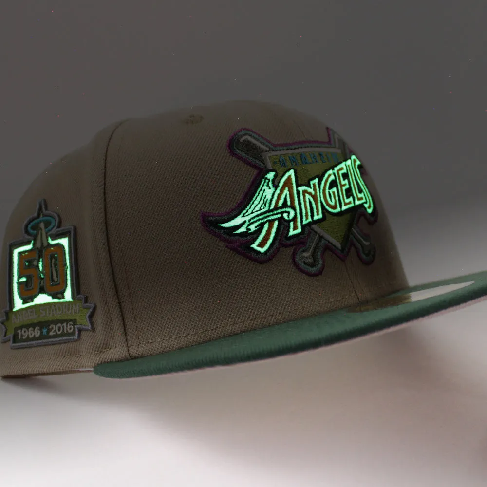 Anaheim Angels 50 ANGEL STADIUM New Era 59Fifty Fitted Hat (GITD CAMEL MOUNTAIN PINE GREEN PINK ROUGE Under Brim)