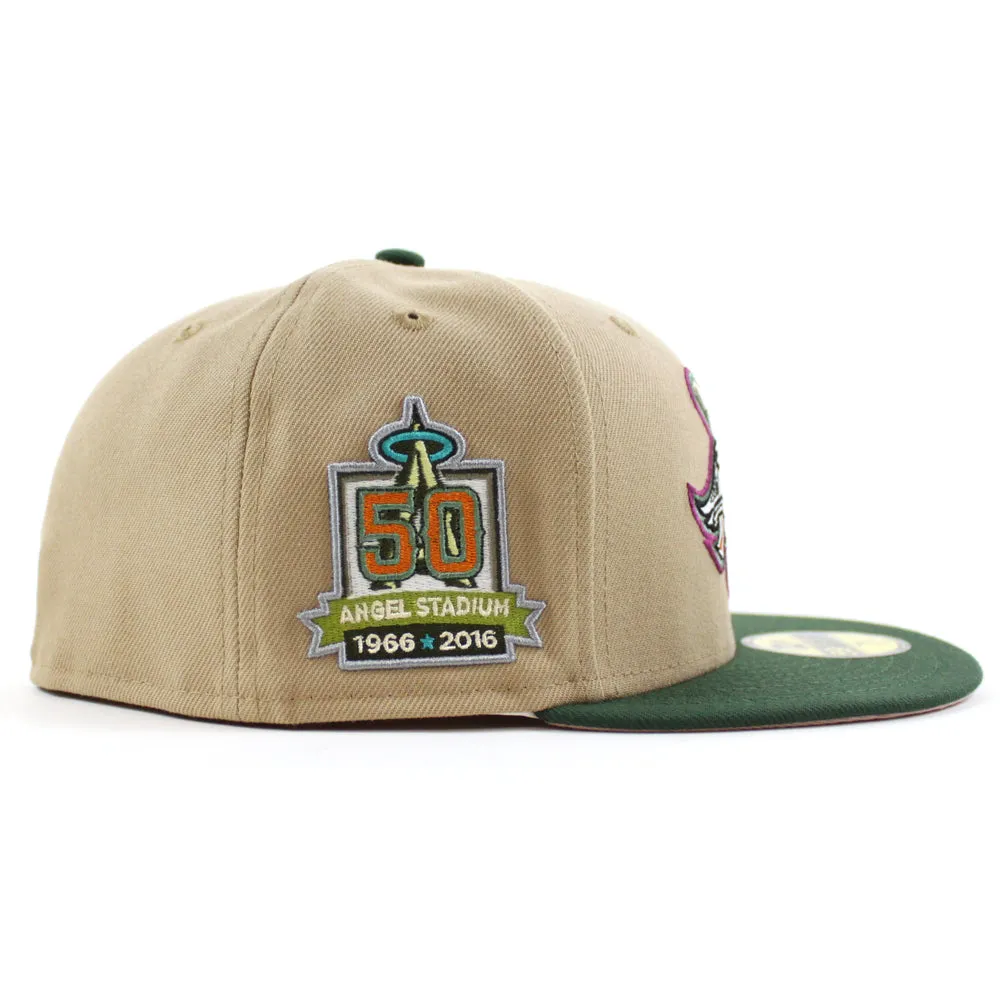 Anaheim Angels 50 ANGEL STADIUM New Era 59Fifty Fitted Hat (GITD CAMEL MOUNTAIN PINE GREEN PINK ROUGE Under Brim)