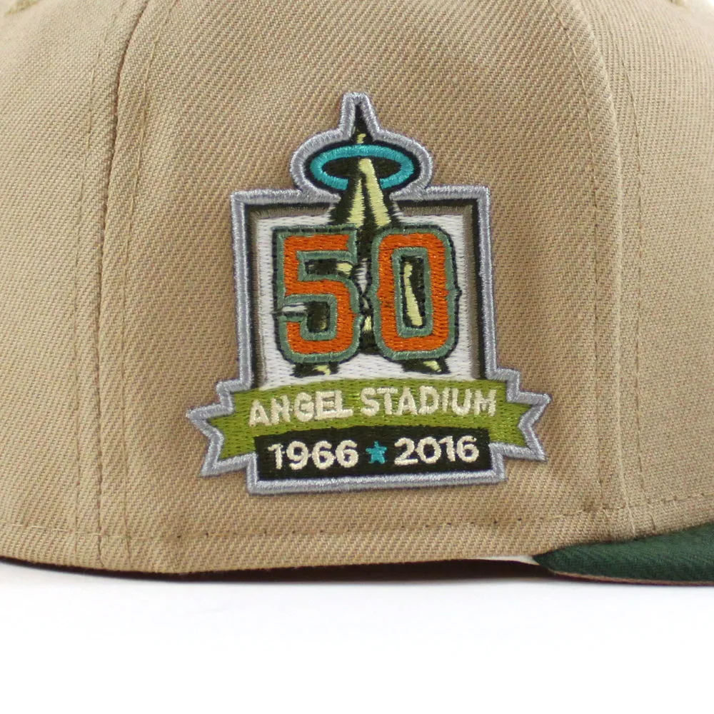 Anaheim Angels 50 ANGEL STADIUM New Era 59Fifty Fitted Hat (GITD CAMEL MOUNTAIN PINE GREEN PINK ROUGE Under Brim)