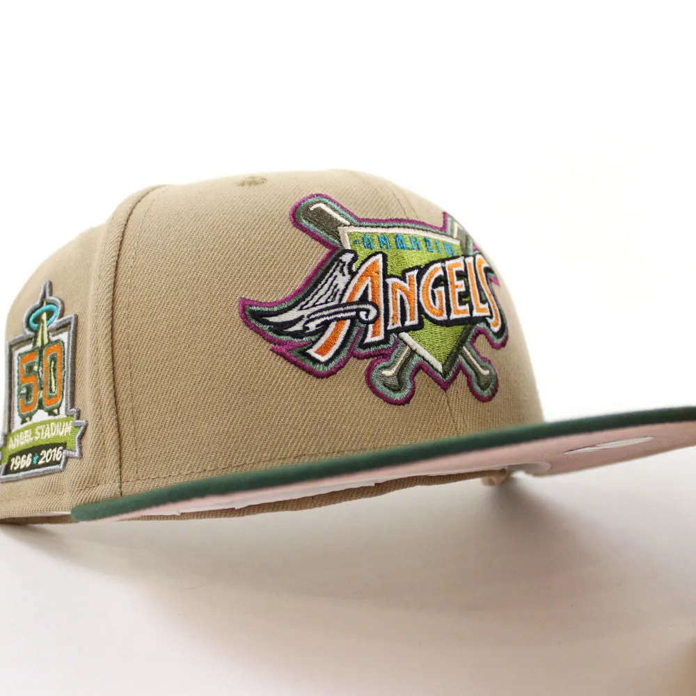 Anaheim Angels 50 ANGEL STADIUM New Era 59Fifty Fitted Hat (GITD CAMEL MOUNTAIN PINE GREEN PINK ROUGE Under Brim)