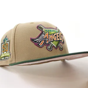Anaheim Angels 50 ANGEL STADIUM New Era 59Fifty Fitted Hat (GITD CAMEL MOUNTAIN PINE GREEN PINK ROUGE Under Brim)