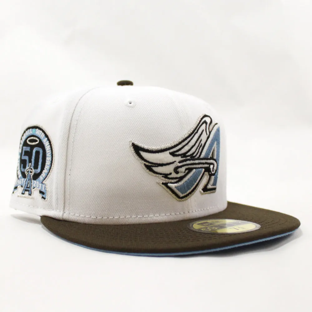 Anaheim Angels 50 Year Anniversary New Era 59Fifty Fitted Hat (GITD White Brown Sky Blue Under Brim)