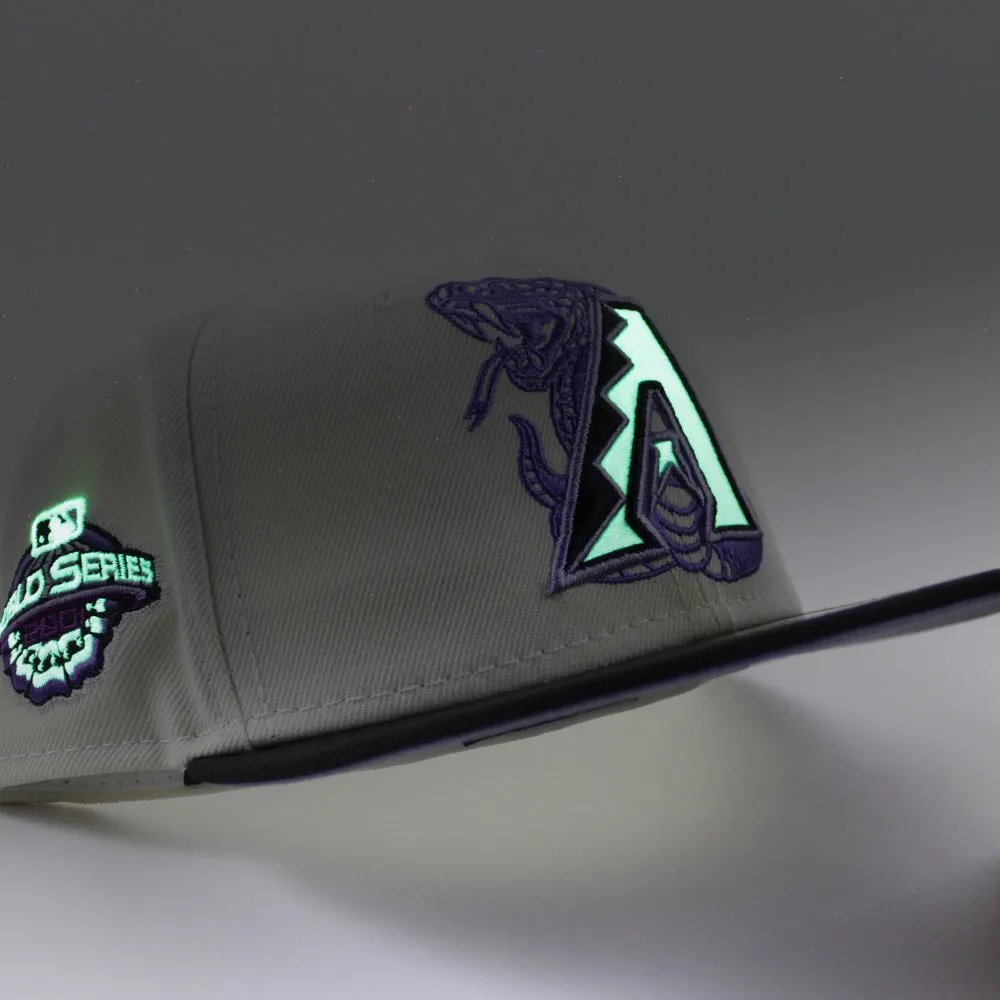 Arizona Diamondbacks 2001 World Series New Era 59Fifty Fitted Hat (GITD Chrome White Black Lavender Under Brim)