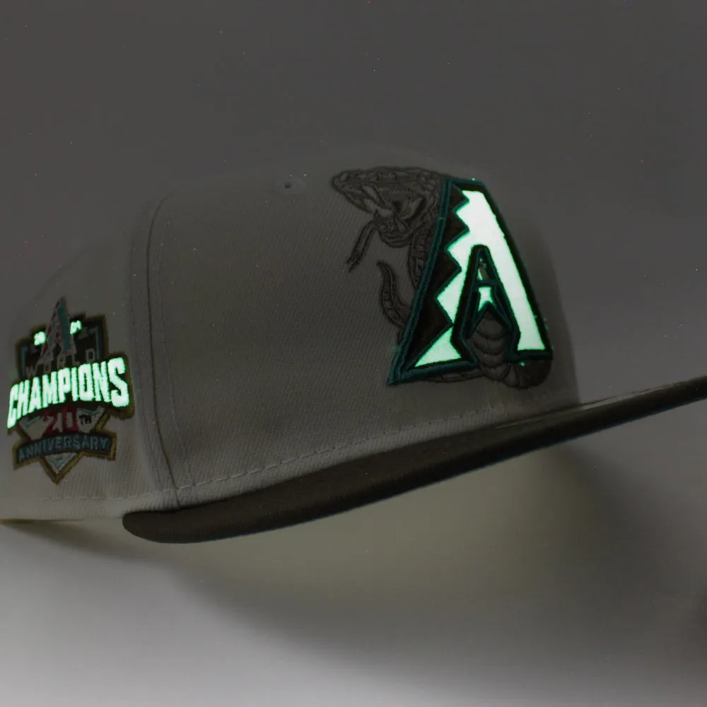Arizona Diamondbacks WORLD CHAMPIONS 20TH ANNIVERSARY New Era 59Fifty Fitted Hat (GITD CHROME WHITE WALNUT PINE NEEDLE GREEN Under Brim)