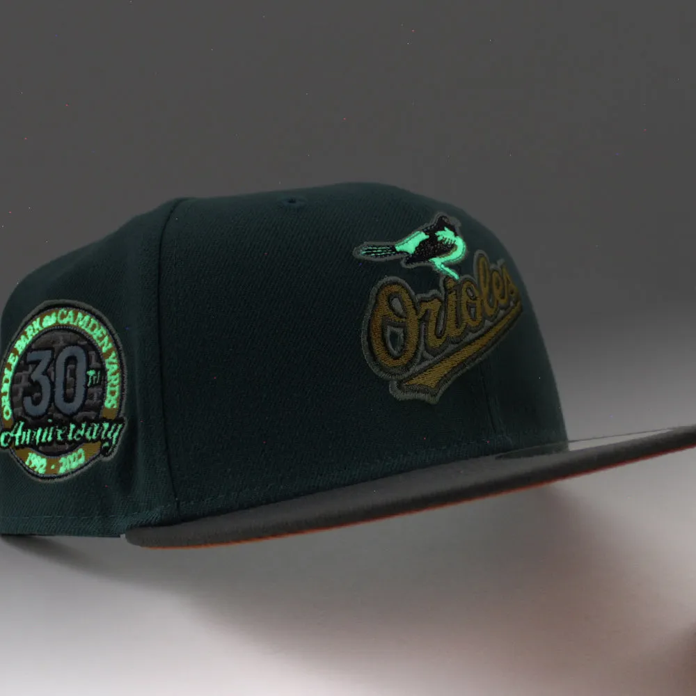 Baltimore Orioles 30TH ANNIVERSARY 59Fifty New Era Fitted Hat (Glow in the Dark Pine Green Pewter Flight Orange Under Brim)