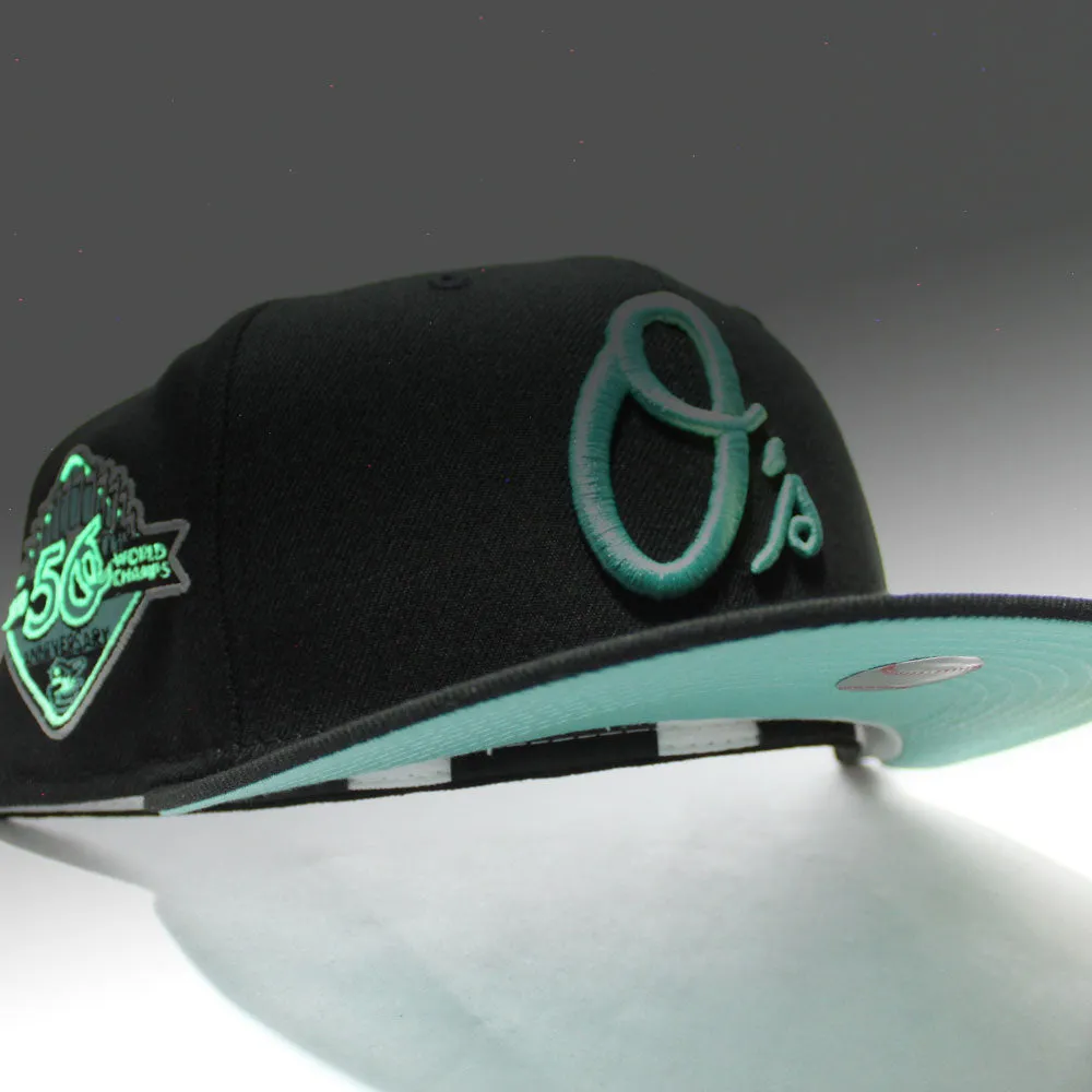 Baltimore Orioles 50th Anniversary 59Fifty New Era Fitted Hat (Glow in the Dark Black Mint Under Brim)