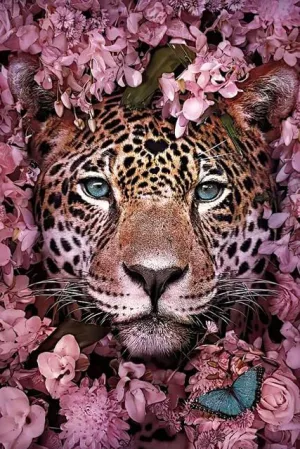 Beautiful Pink Leopard Tiger & Flowers Diamond Painting Kit for Kids & Adults, 5D Full Drill Round