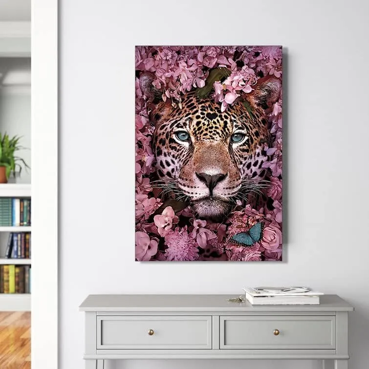Beautiful Pink Leopard Tiger & Flowers Diamond Painting Kit for Kids & Adults, 5D Full Drill Round