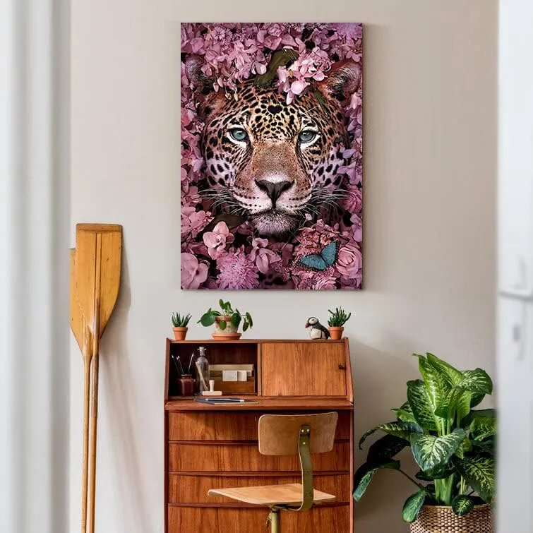 Beautiful Pink Leopard Tiger & Flowers Diamond Painting Kit for Kids & Adults, 5D Full Drill Round