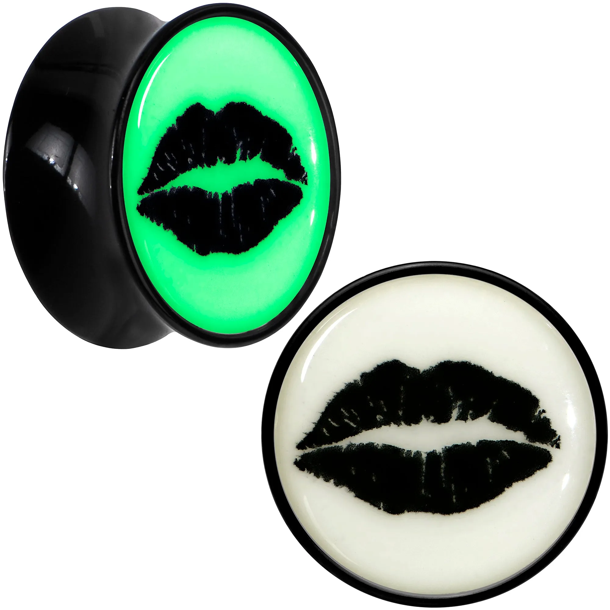 Black Acrylic Lipstick Kiss Glow in Dark Double Flare Plug Set