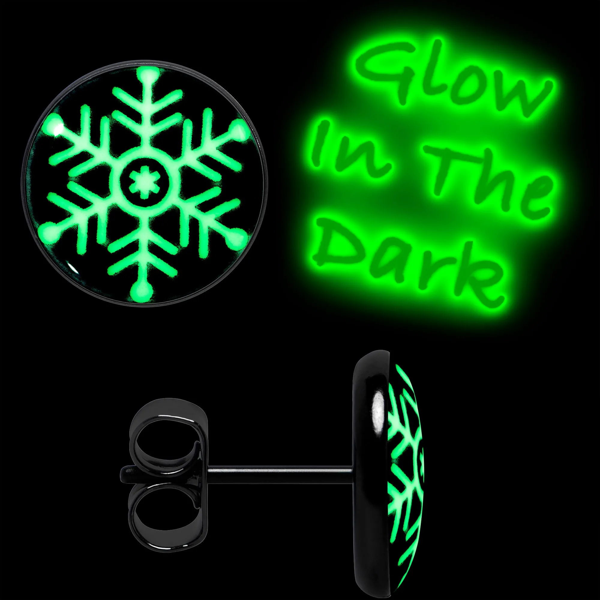 Black Anodized Glow in the Dark Holiday Snowflake Stud Earrings