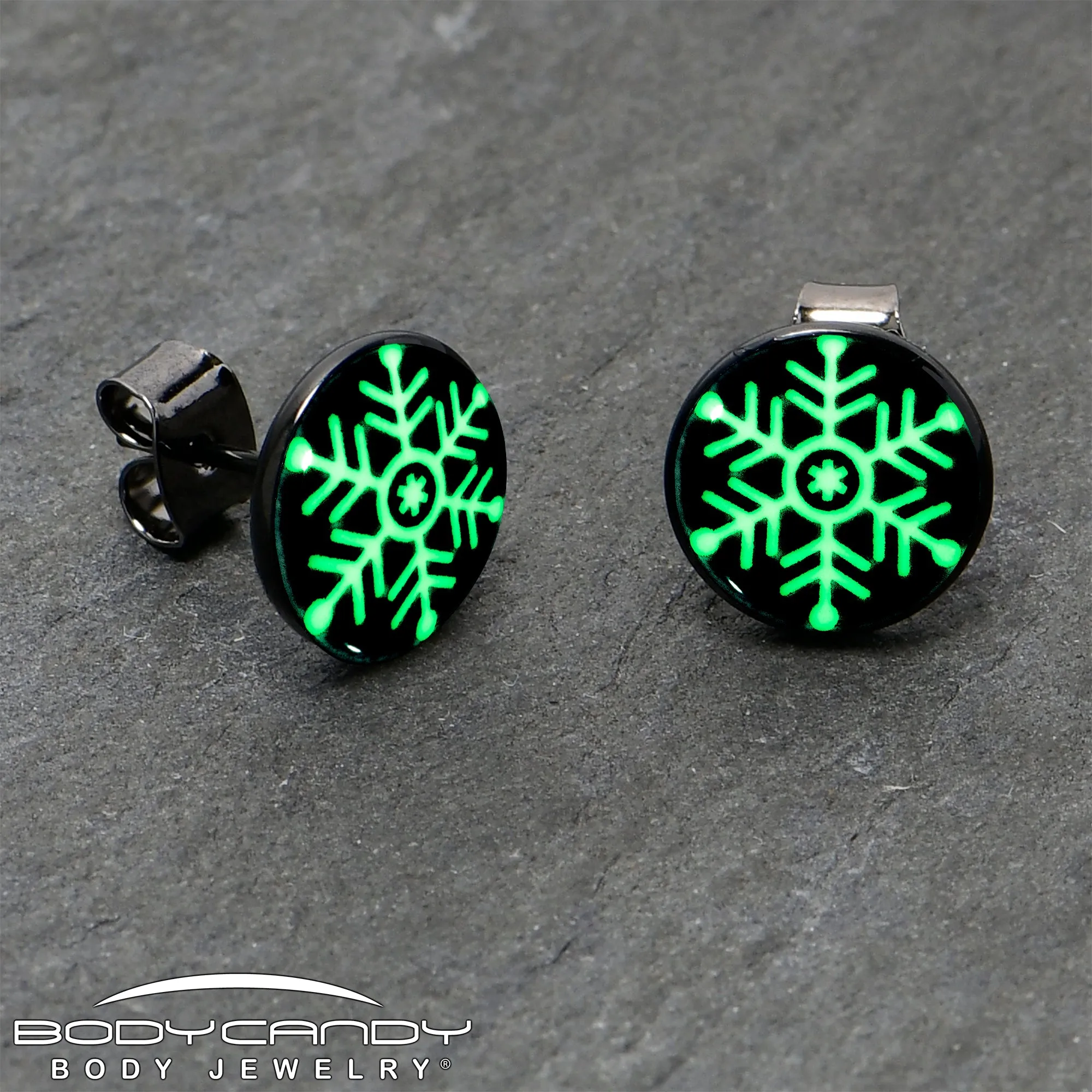 Black Anodized Glow in the Dark Holiday Snowflake Stud Earrings