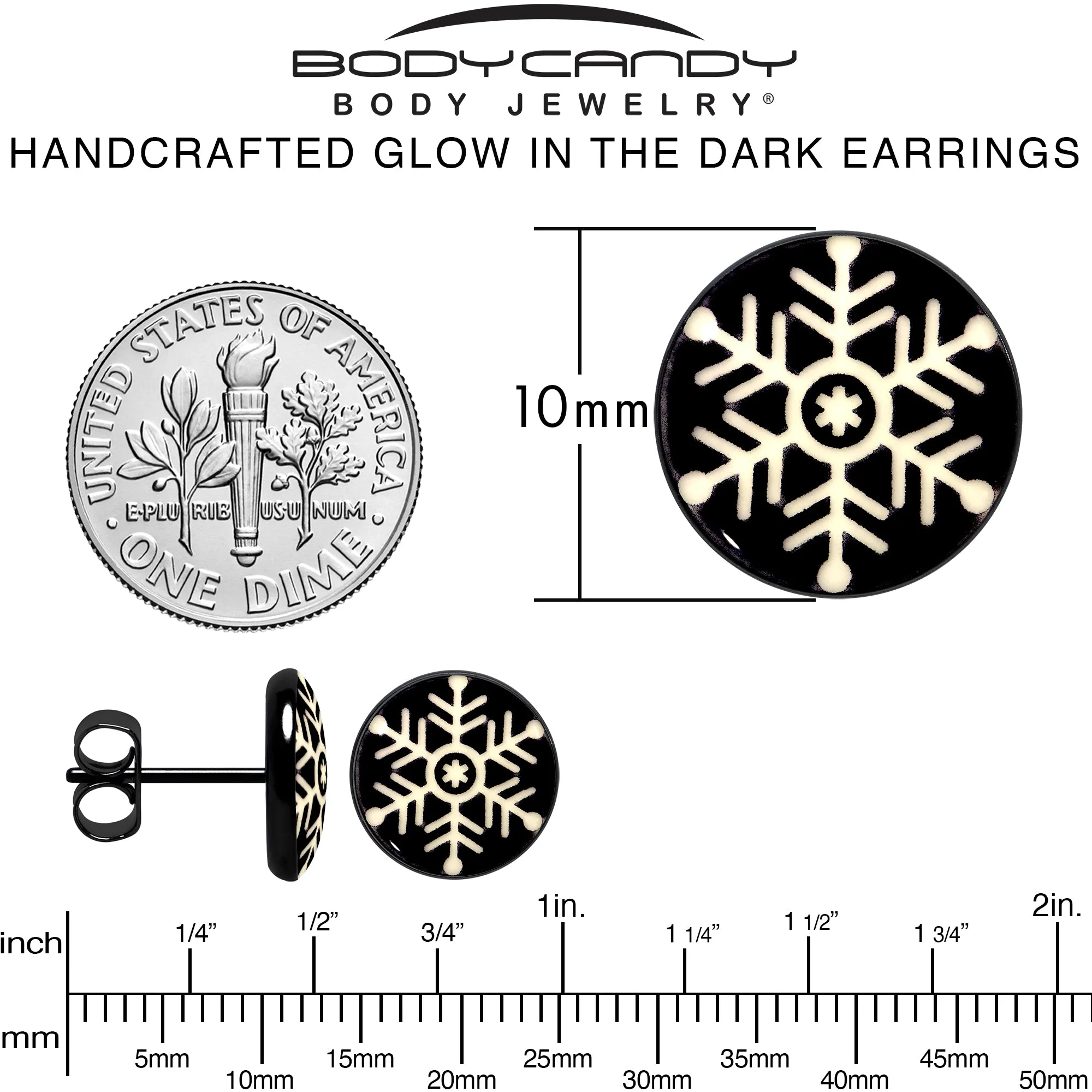 Black Anodized Glow in the Dark Holiday Snowflake Stud Earrings