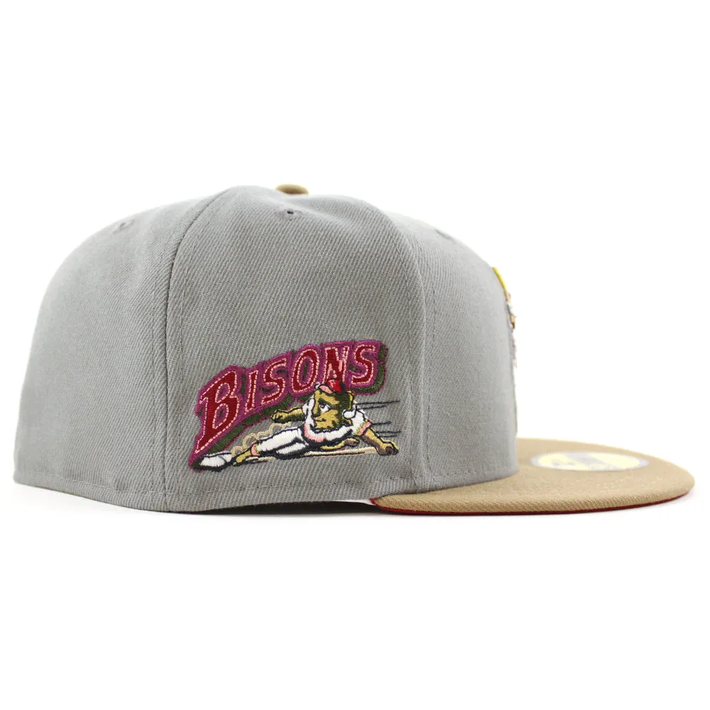 BUFFALO BISONS BISONS Patch New Era 59Fifty Fitted Hat (GITD MISTY MORNING KHAKI PINOT RED Under Brim)