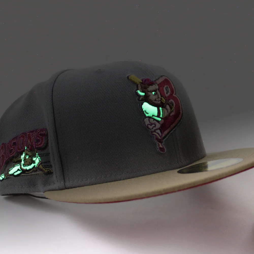 BUFFALO BISONS BISONS Patch New Era 59Fifty Fitted Hat (GITD MISTY MORNING KHAKI PINOT RED Under Brim)
