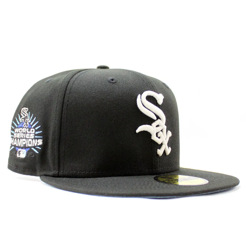 Chicago White Sox 2005 World Series Champions New Era Fitted 59Fifty Hat (Glow in the Dark Black Sky Blue Under Brim)