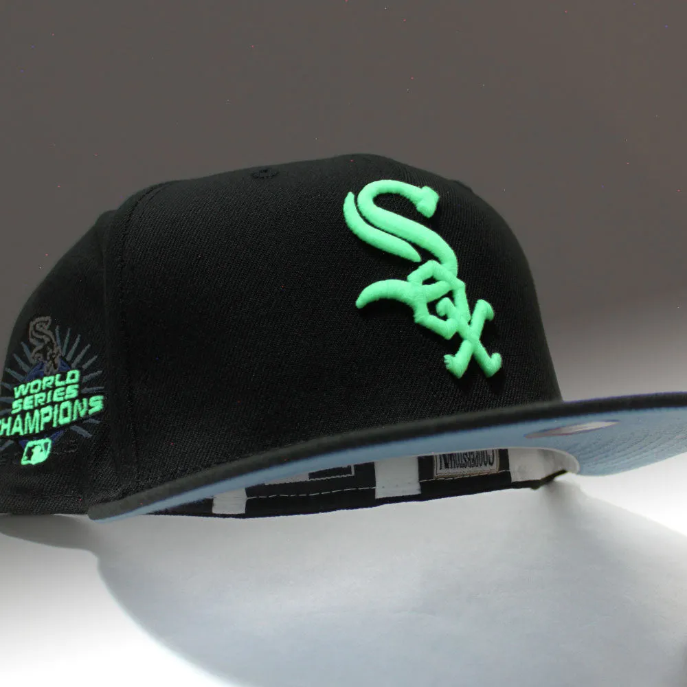 Chicago White Sox 2005 World Series Champions New Era Fitted 59Fifty Hat (Glow in the Dark Black Sky Blue Under Brim)