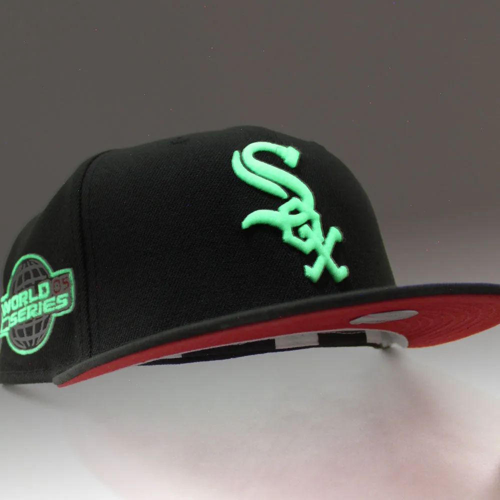 Chicago White Sox 2005 World Series New Era Fitted 59Fifty Hat (Glow in the Dark Black Red Under Brim)