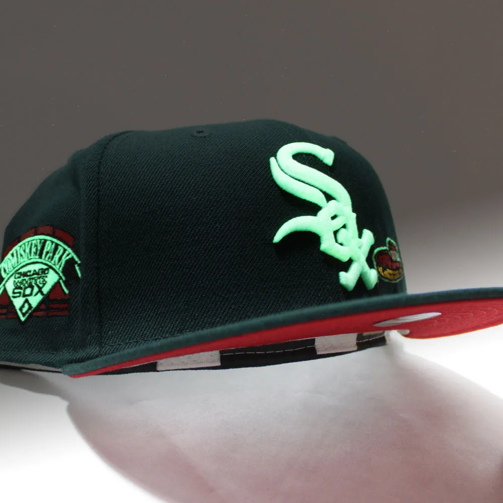 Chicago White Sox Deep Dish Comiskey Park Patch New Era Fitted 59Fifty Hat (Glow in the Dark Logo Green Red Under Brim)