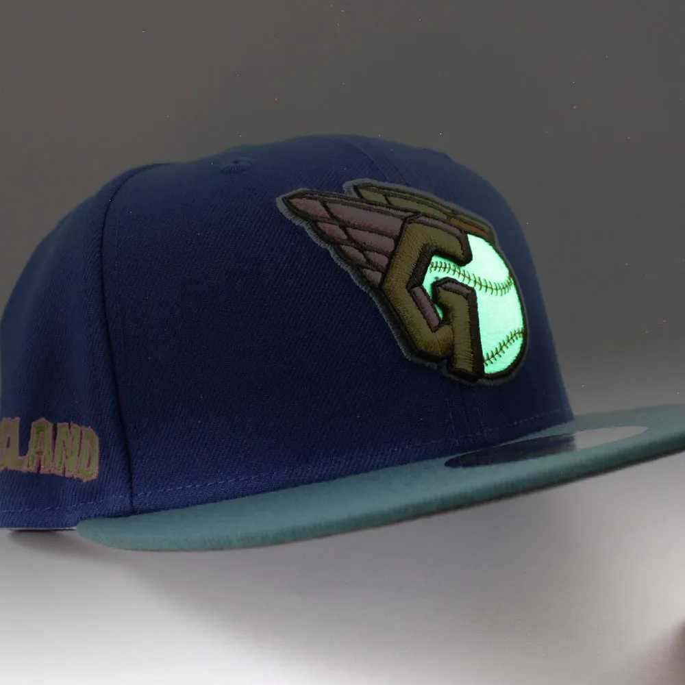 Cleveland Guardians CLEGUA CLEVELAND New Era 59Fifty Fitted Hat (GITD SONGBIRD BLUE PINE NEEDLE GREEN NEW OLIVE Under Brim