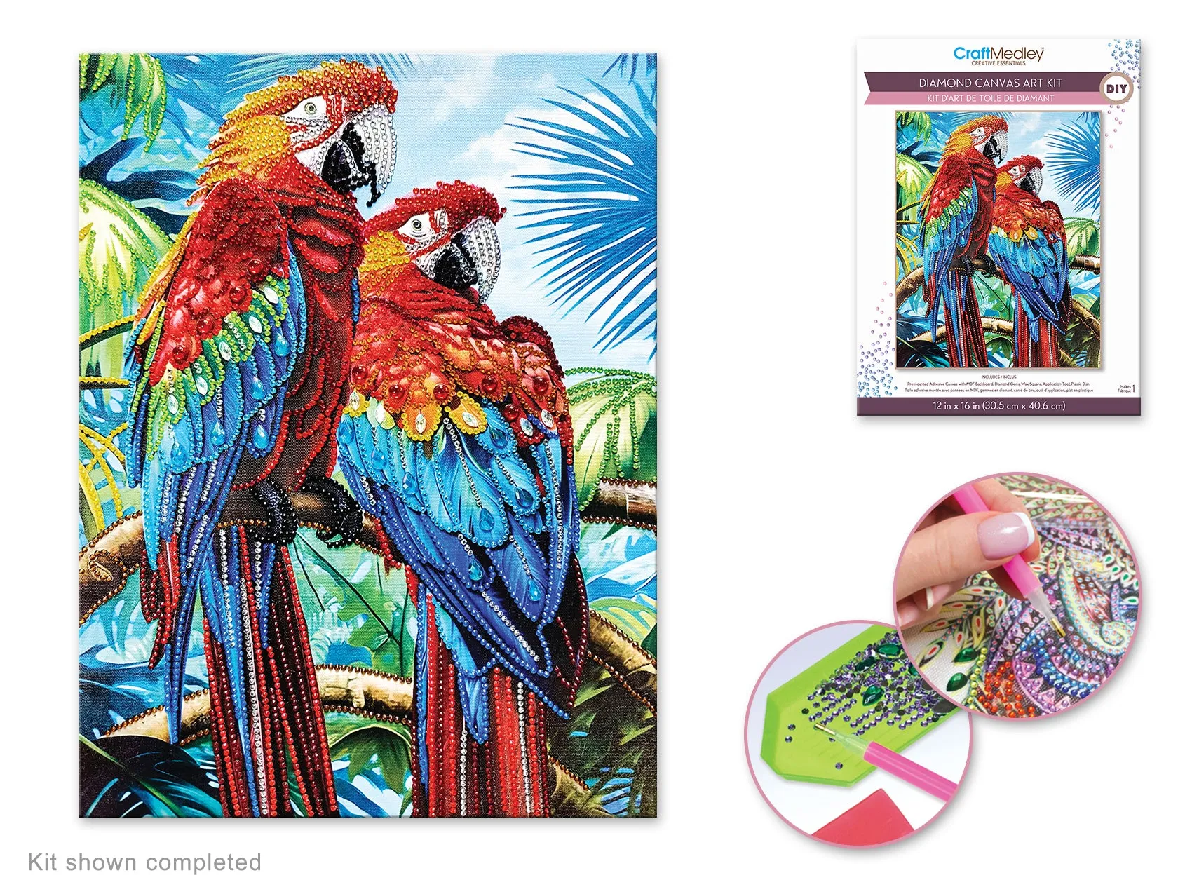 Craft Medley Kit: Diamond Painting Art Kit 12"x16" w/Gems Tool Tray Parrots