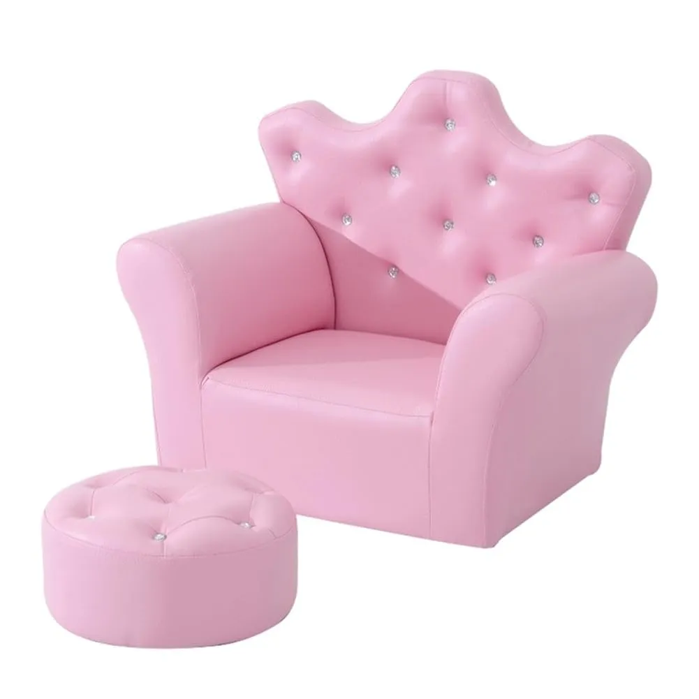 Crown-Shaped Backrest Kids Sofa with Footstool Pink Modern