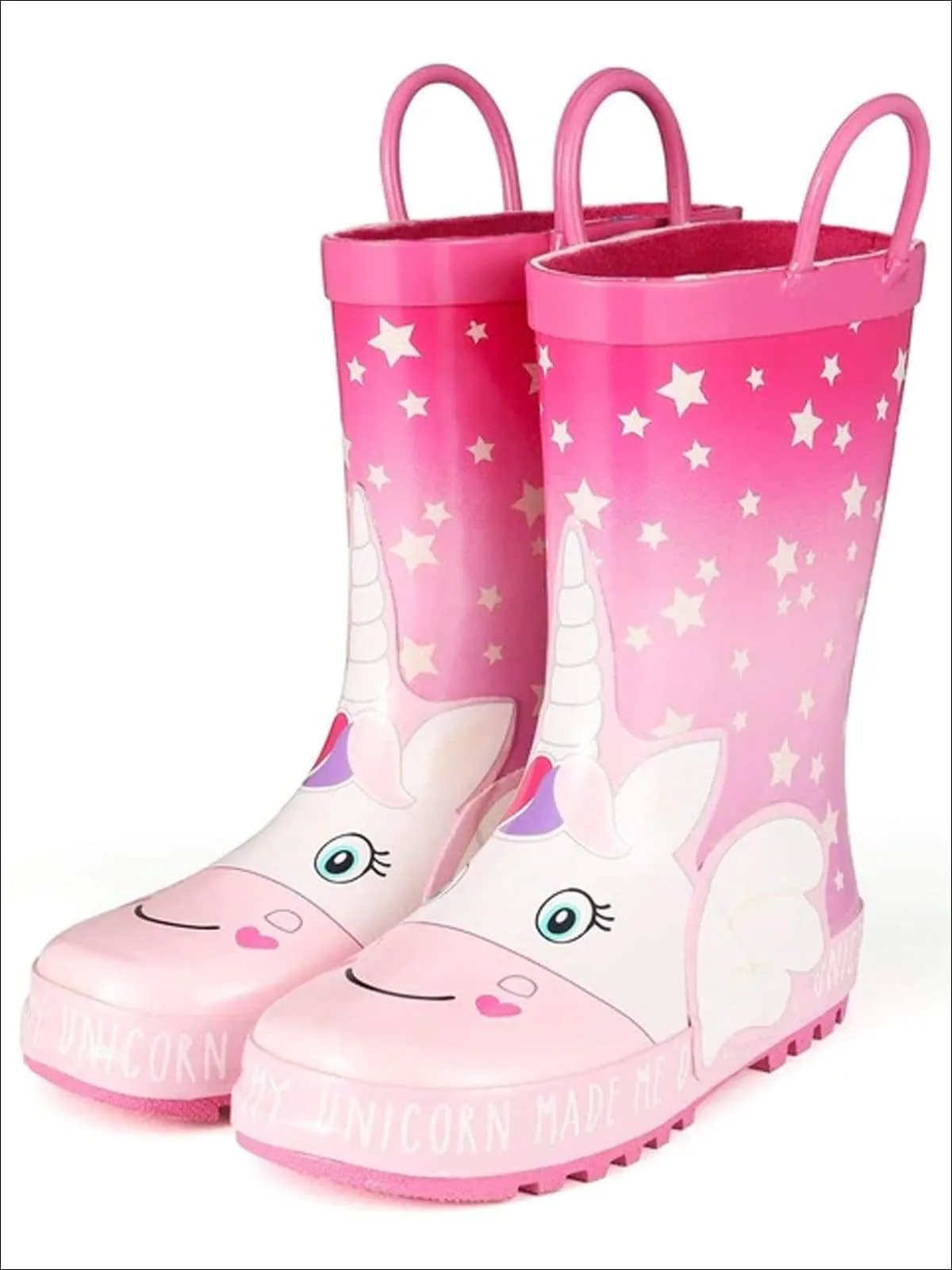 Girls Pink Star Print "My Unicorn Made Me Do It"  Rubber Rain Boots By Liv and Mia