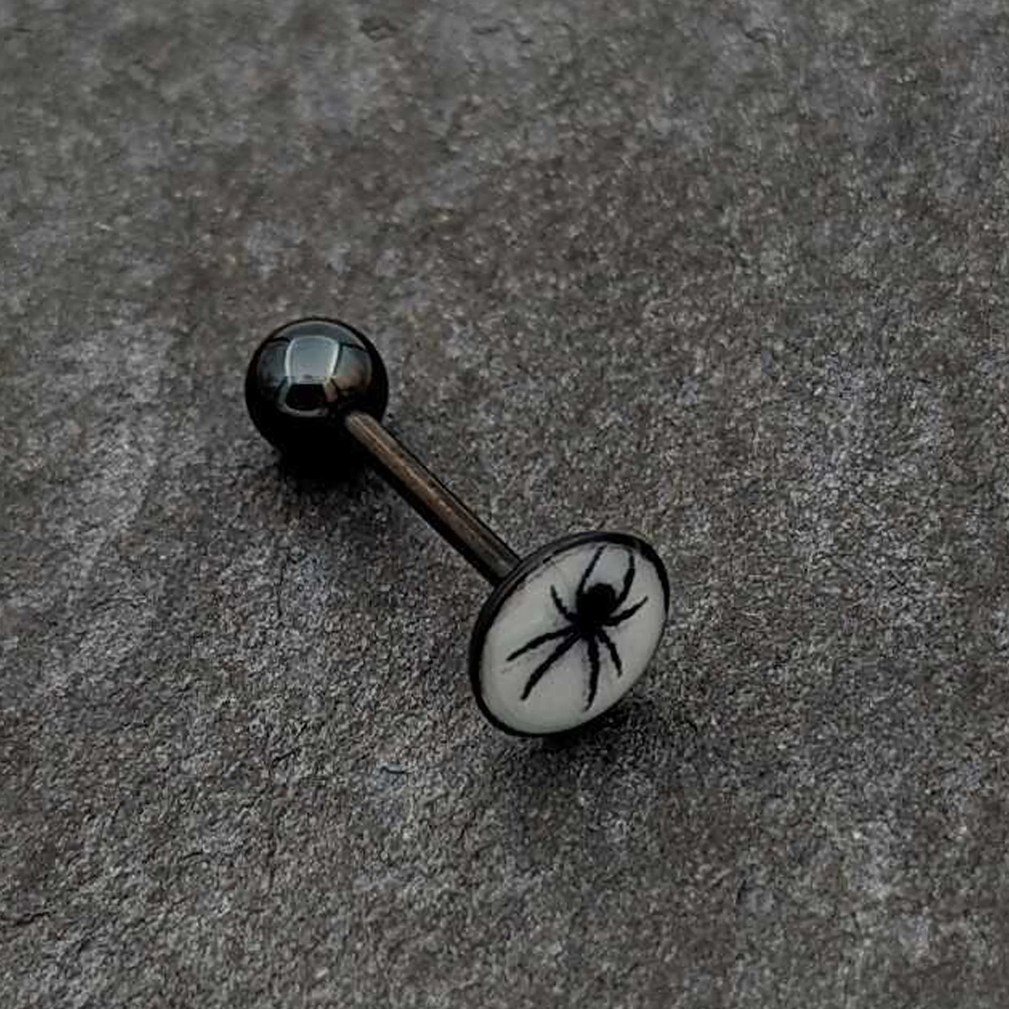 Glow in the Dark Black Anodized Black Widow Spider Barbell Tongue Ring