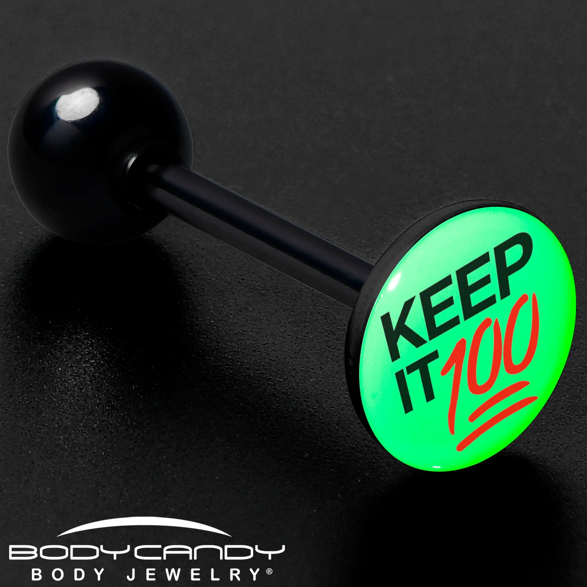 Glow in the Dark Black Anodized Keep it 100 Barbell Tongue Ring
