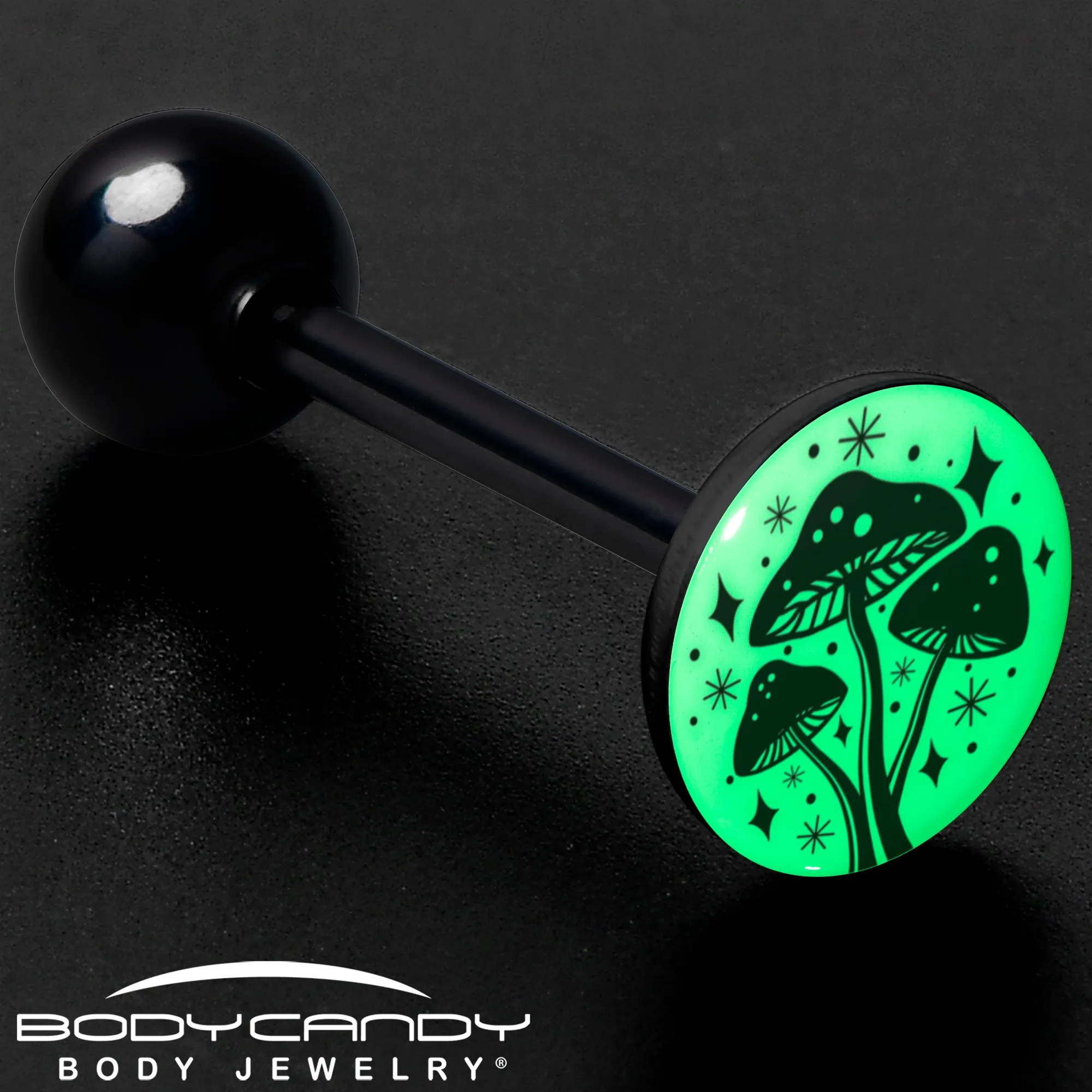 Glow in the Dark Black Anodized Mystic Mushroom Barbell Tongue Ring
