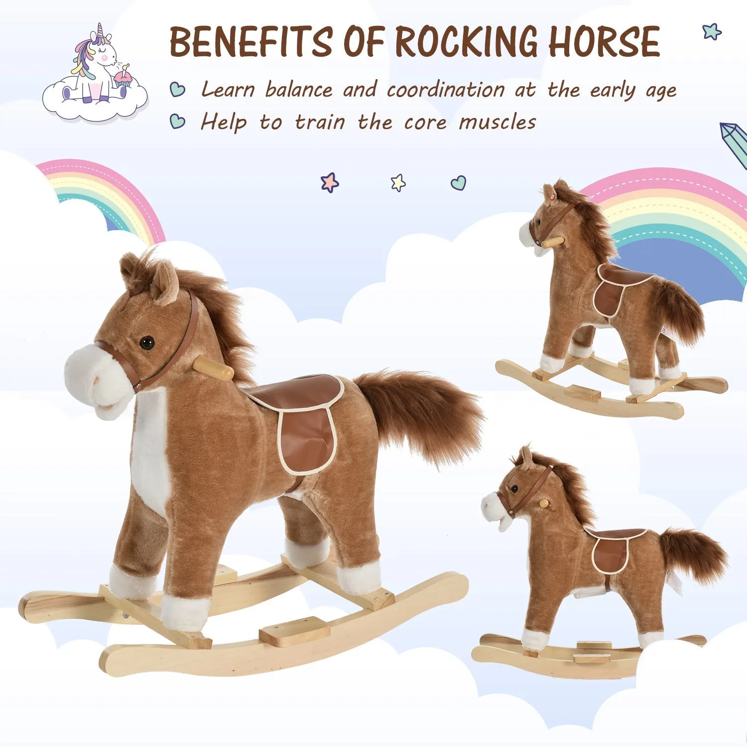 Homcom Kids Ride On Plush Rocking Horse With Sound Brown