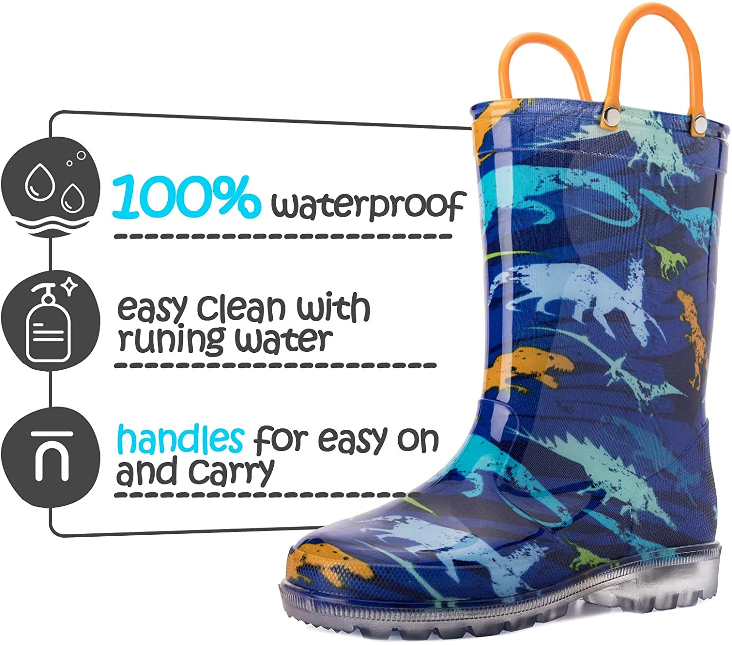 K KomForme Toddler Light Up PVC Blue Dinosaur Rain Boots