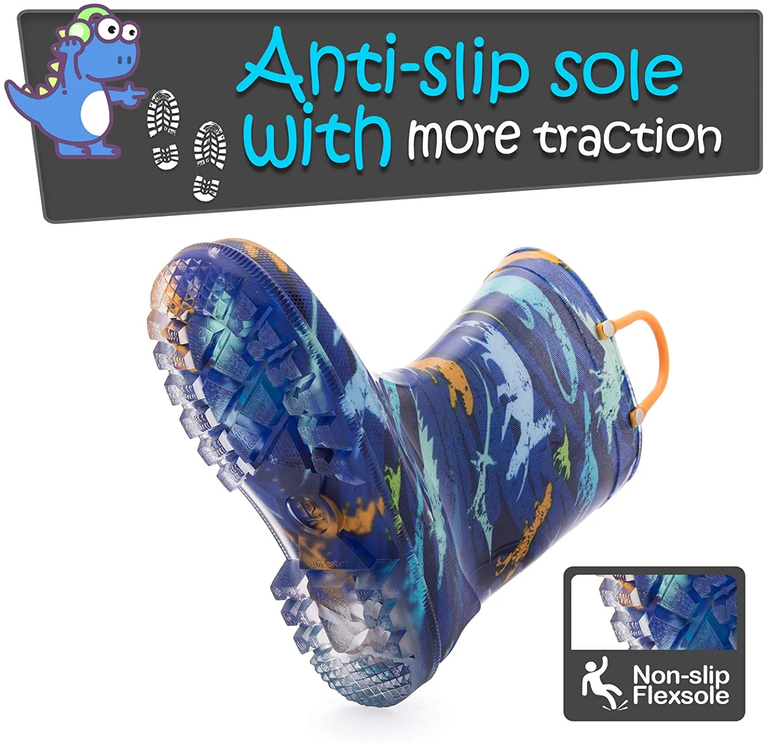 K KomForme Toddler Light Up PVC Blue Dinosaur Rain Boots