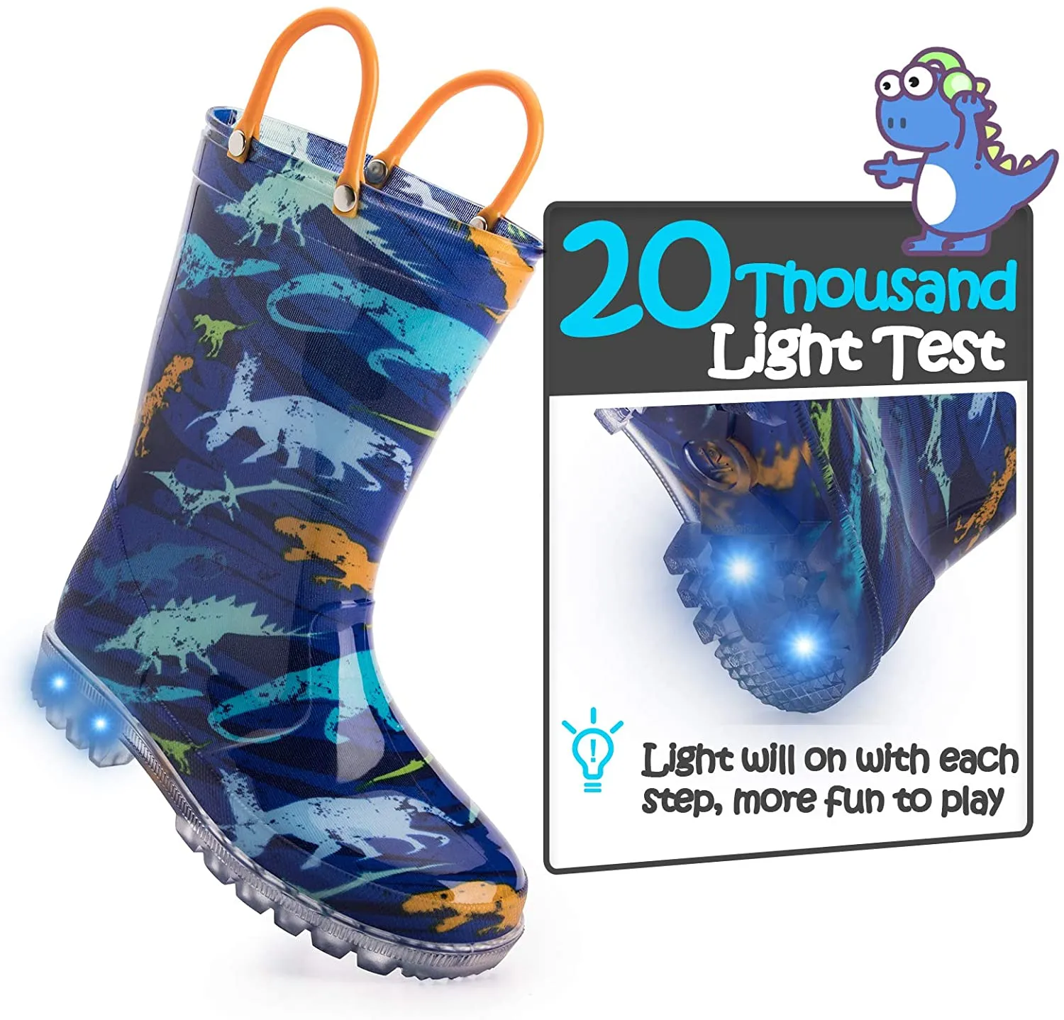 K KomForme Toddler Light Up PVC Blue Dinosaur Rain Boots