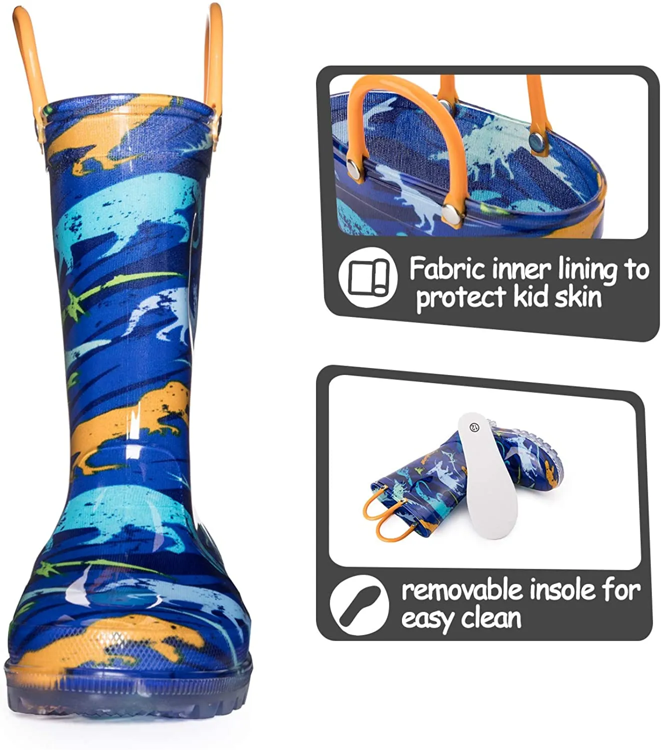 K KomForme Toddler Light Up PVC Blue Dinosaur Rain Boots