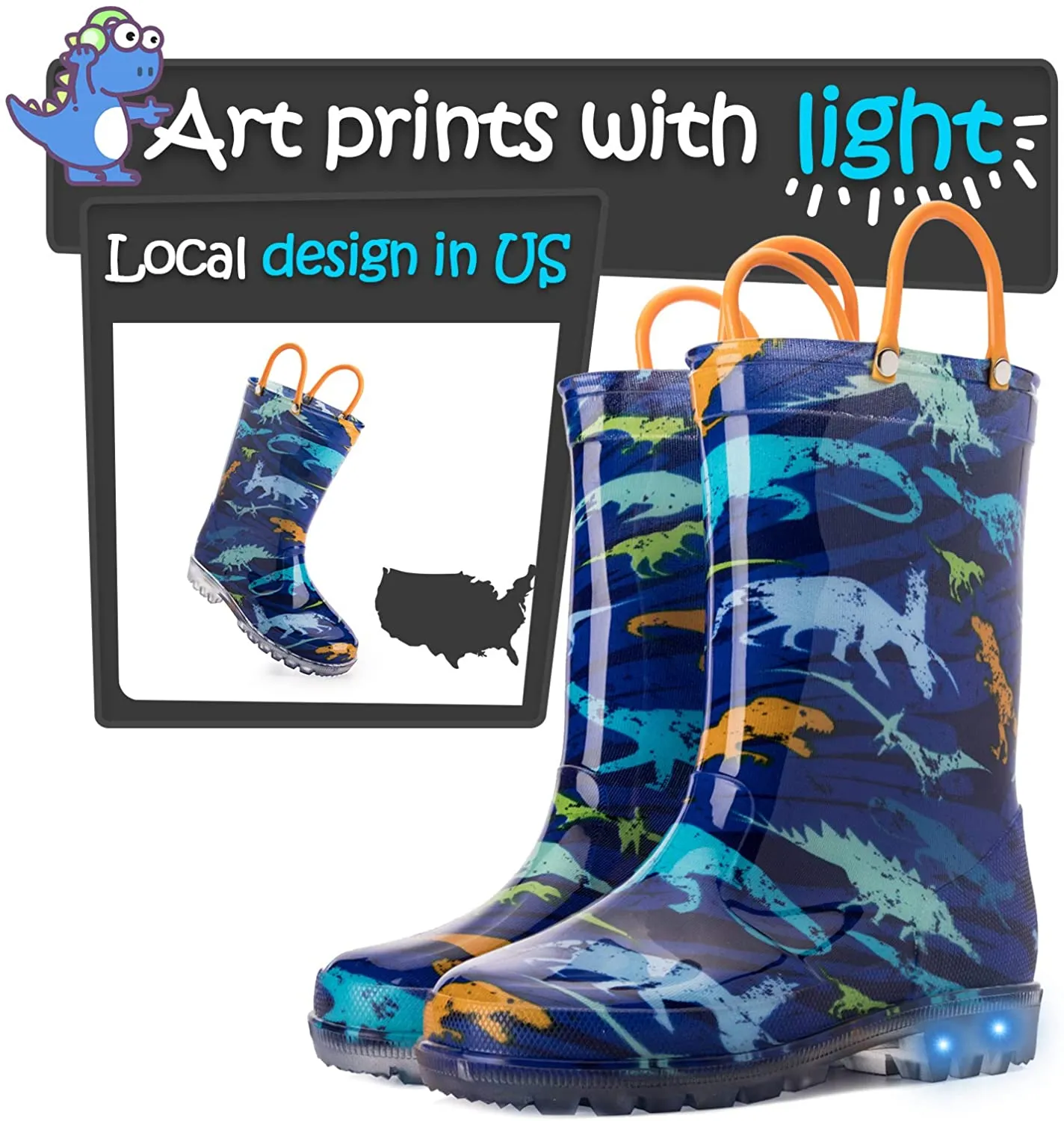 K KomForme Toddler Light Up PVC Blue Dinosaur Rain Boots