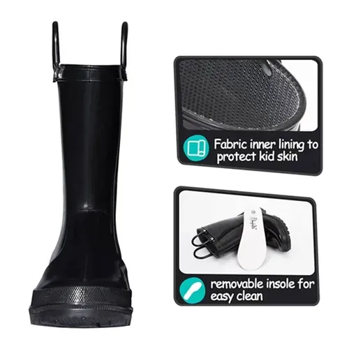 Kids Girls Light Rain Boots Solid Black- KKOMFORME