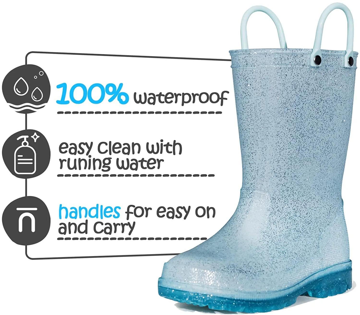 Kids Girls Light Rain Boots Solid Glitter Blue with Led - KKOMFORME