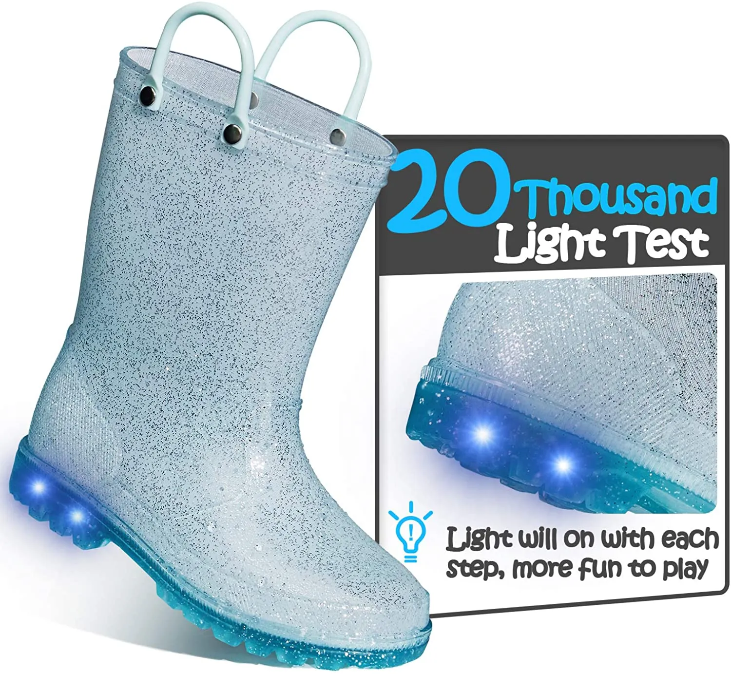 Kids Girls Light Rain Boots Solid Glitter Blue with Led - KKOMFORME